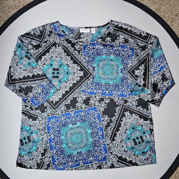 CHICO'S Blue and Black Tunic Top Blouse Sz 2X A-Line Polyester - Picture 2 of 10